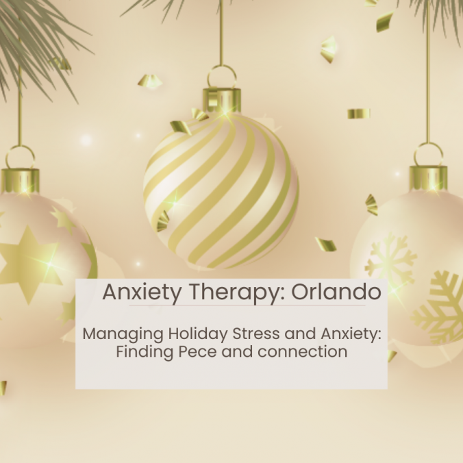 Festive holiday decorations with a peaceful, calming atmosphere, illustrating strategies for managing stress and anxiety during the holiday season in Florida.